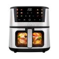 TESLA AirCook Q60 XXL Pro wielofunkcyjna cyfrowa frytkownica na gorące powietrze o eleganckim designie i funkcji pieczenia, wyświetlająca kurczaka i warzywa w przezroczystym okienku.